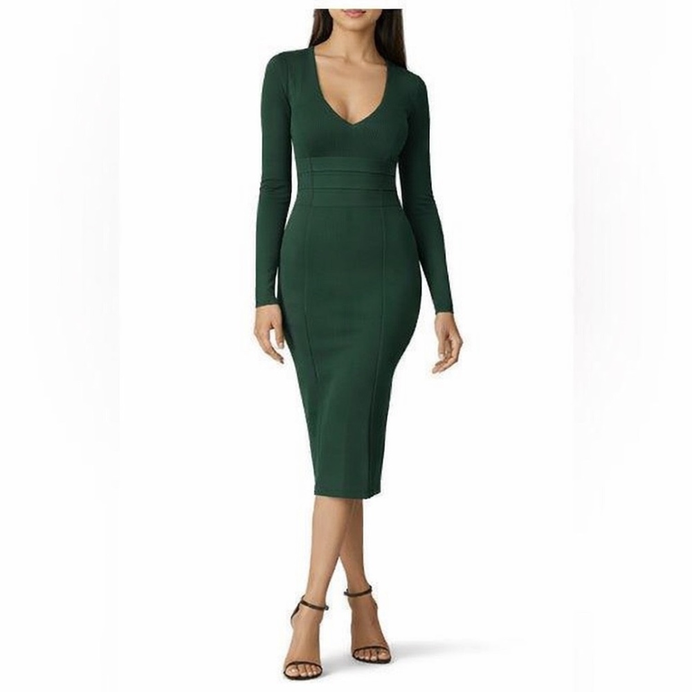 GOOD AMERICAN green v neck body-con long sleeve